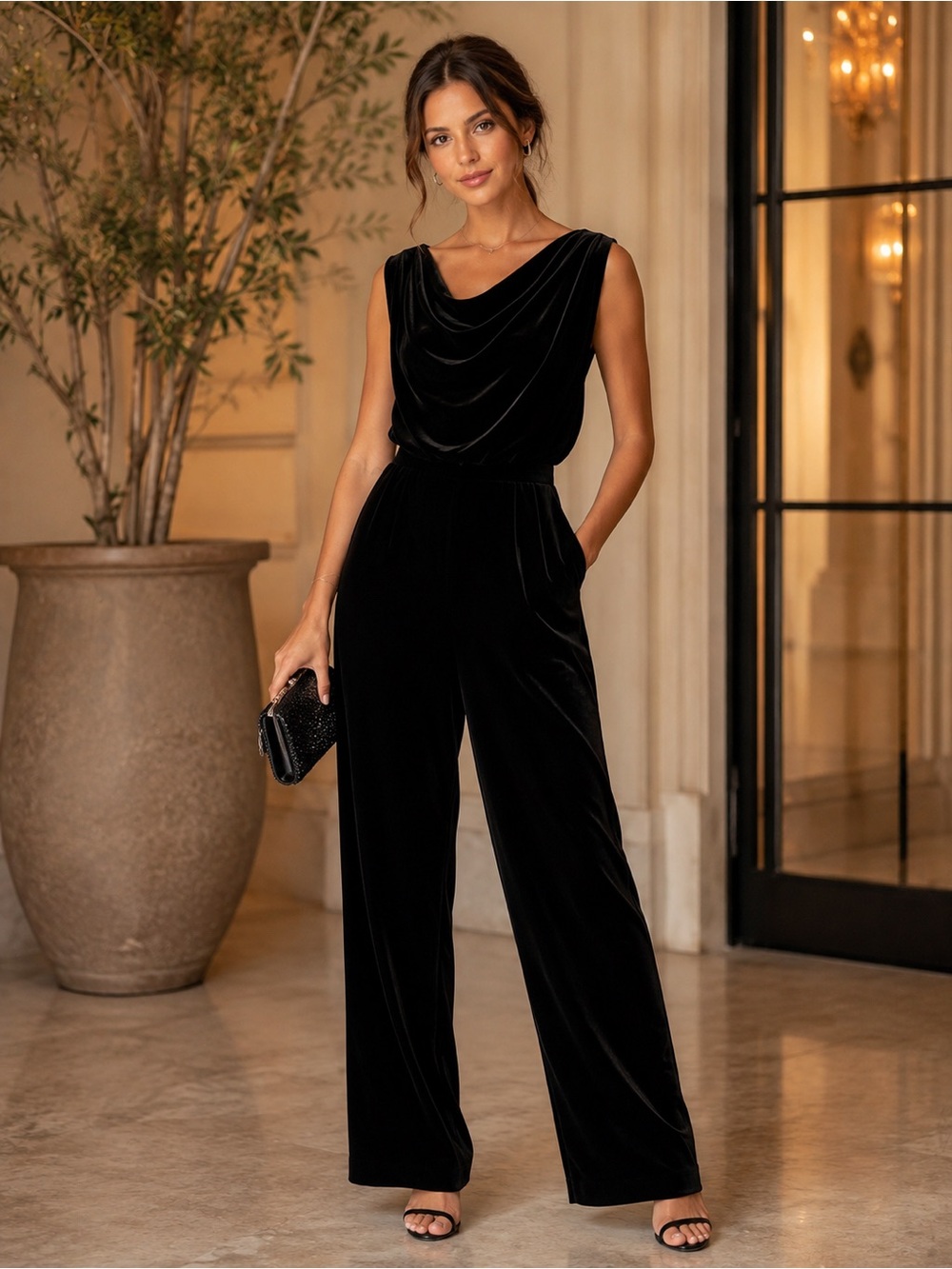 Vince Camuto Black Velvet Sleeveless Cowl-Neck Jumpsuit